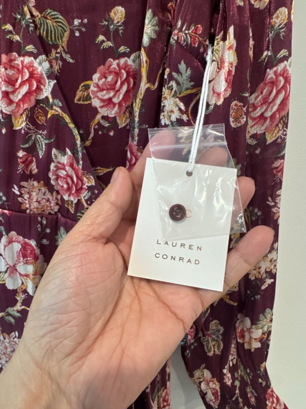 NWT LC Lauren Conrad Floral High-Low Wrap Dress β Burgundy β Size L πΈπ₯ - Picture 12 of 13